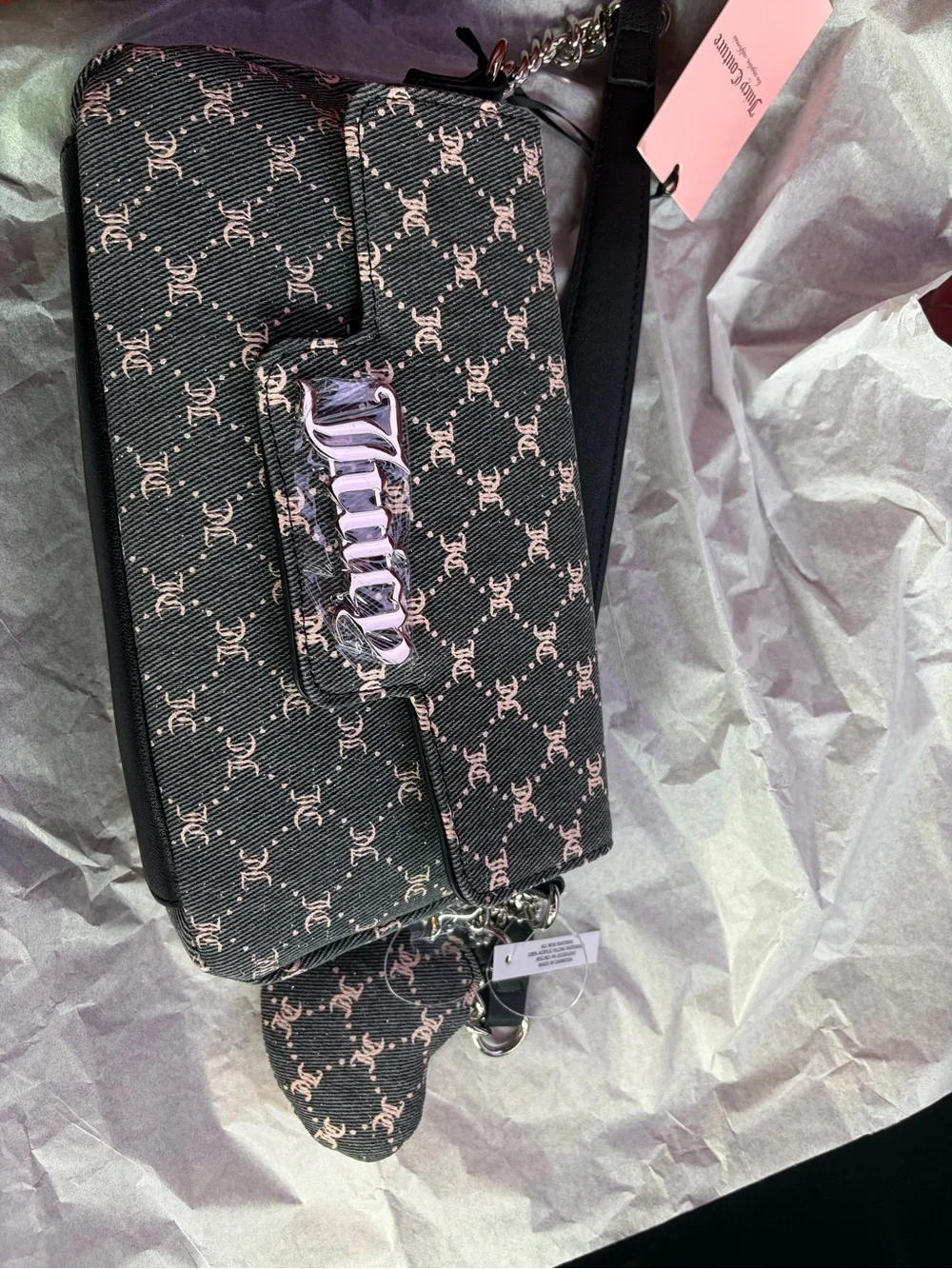 Juicy Couture Black and White Monogram Crossbody Bag with Chain Strap